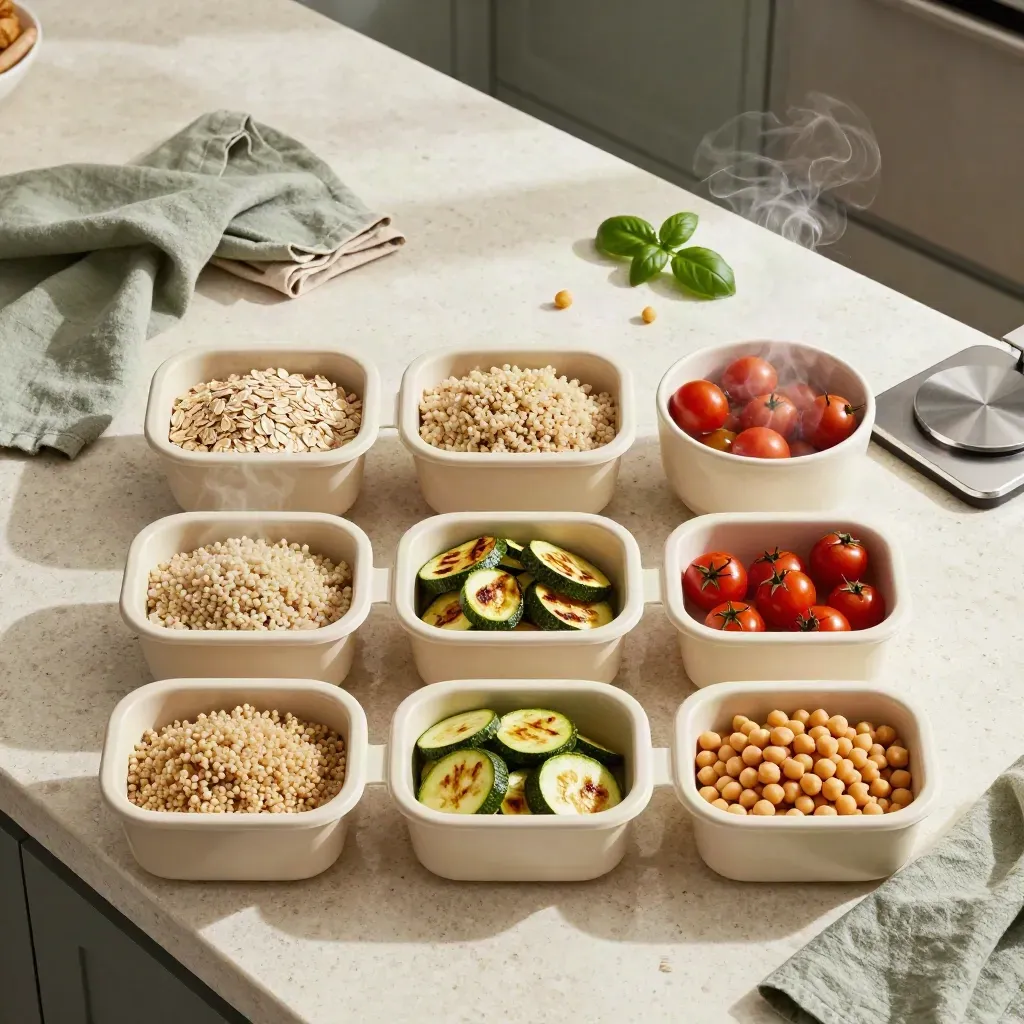 Box meal prep con verdure, ciotole e vapore su piano in travertino
