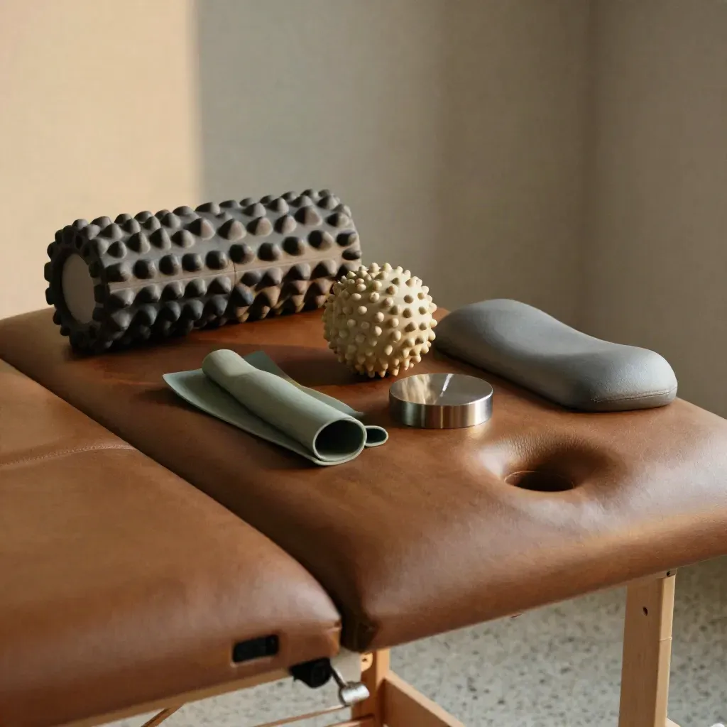 Angolo di fisioterapia con lettino, foam roller, palline e elastici pronto al recupero