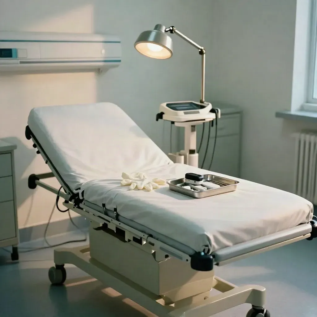 Postazione di check-up pronta con lettino, lampada, strumenti e bilancia in una stanza clinica pulita.