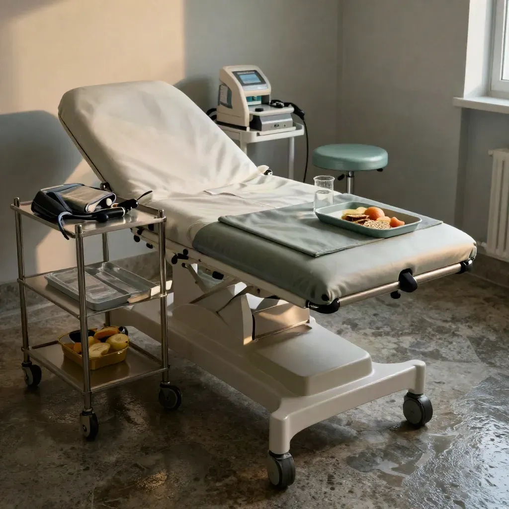 Ambulatorio vuoto con lettino, carrello diagnostico e tappetino fisioterapia, luce mattutina dopo la pioggia.