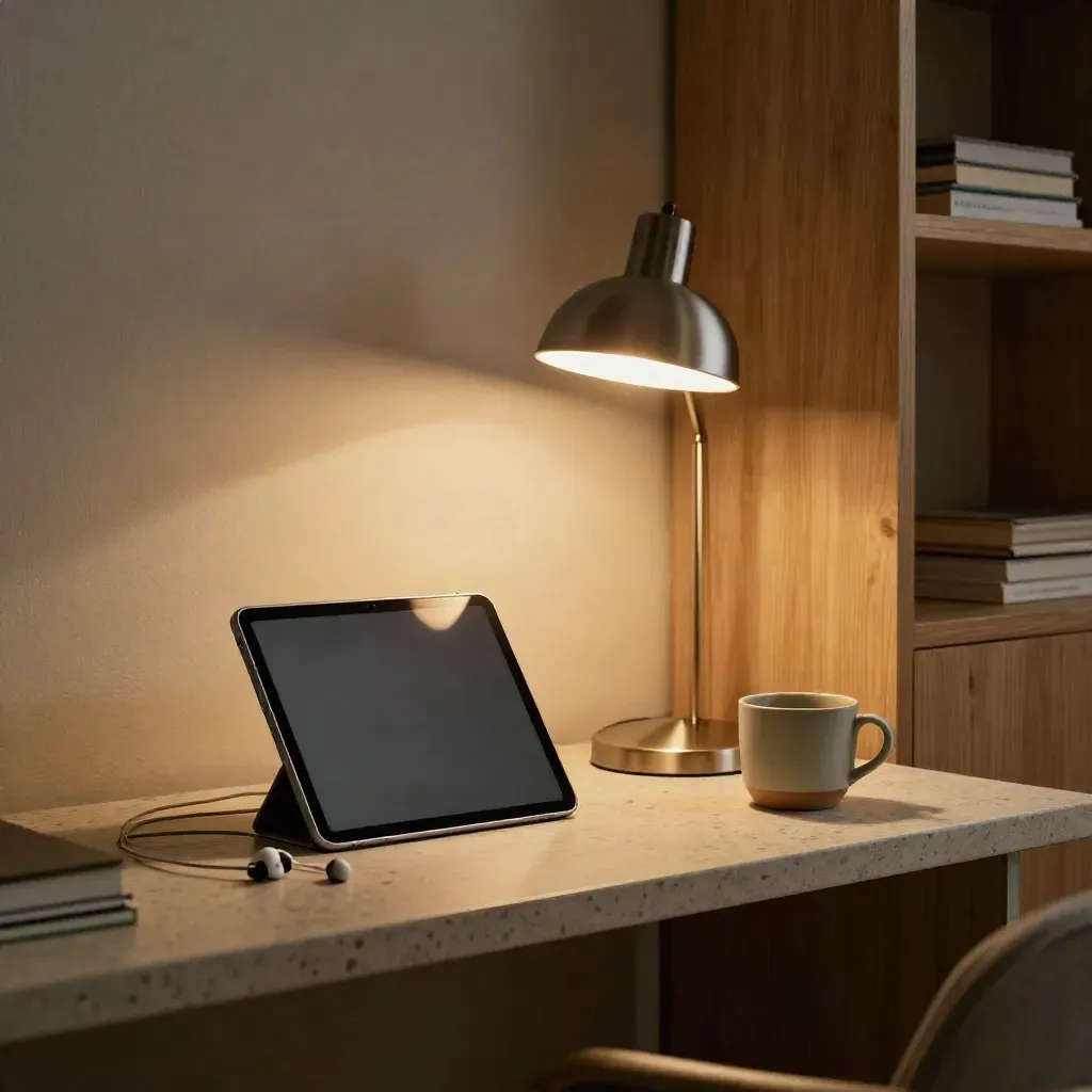Angolo domestico per telemedicina con tablet chiuso, auricolari e lampada calda su consolle minimale.