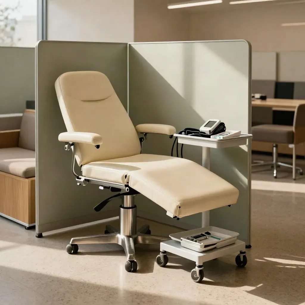 Postazione check-up aziendale in lounge milanese con sedia medica e carrello diagnostico