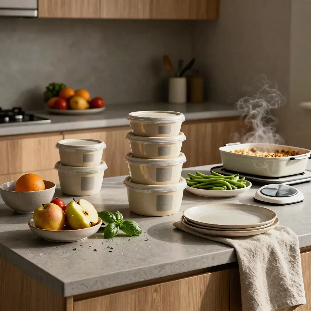 Cucina familiare con pasti preparati, frutta, verdura, erbe, bilancia e piatti in ceramica.