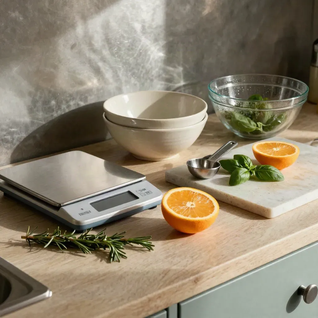 Bilancia da cucina, ciotole, agrumi ed erbe su piano chiaro con luce clinica.