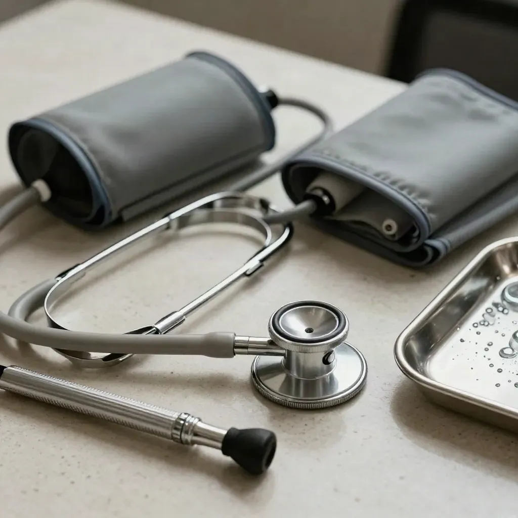 Strumenti medici su travertino: stetoscopio, otoscopio, penlight, manicotto e vassoio in acciaio.