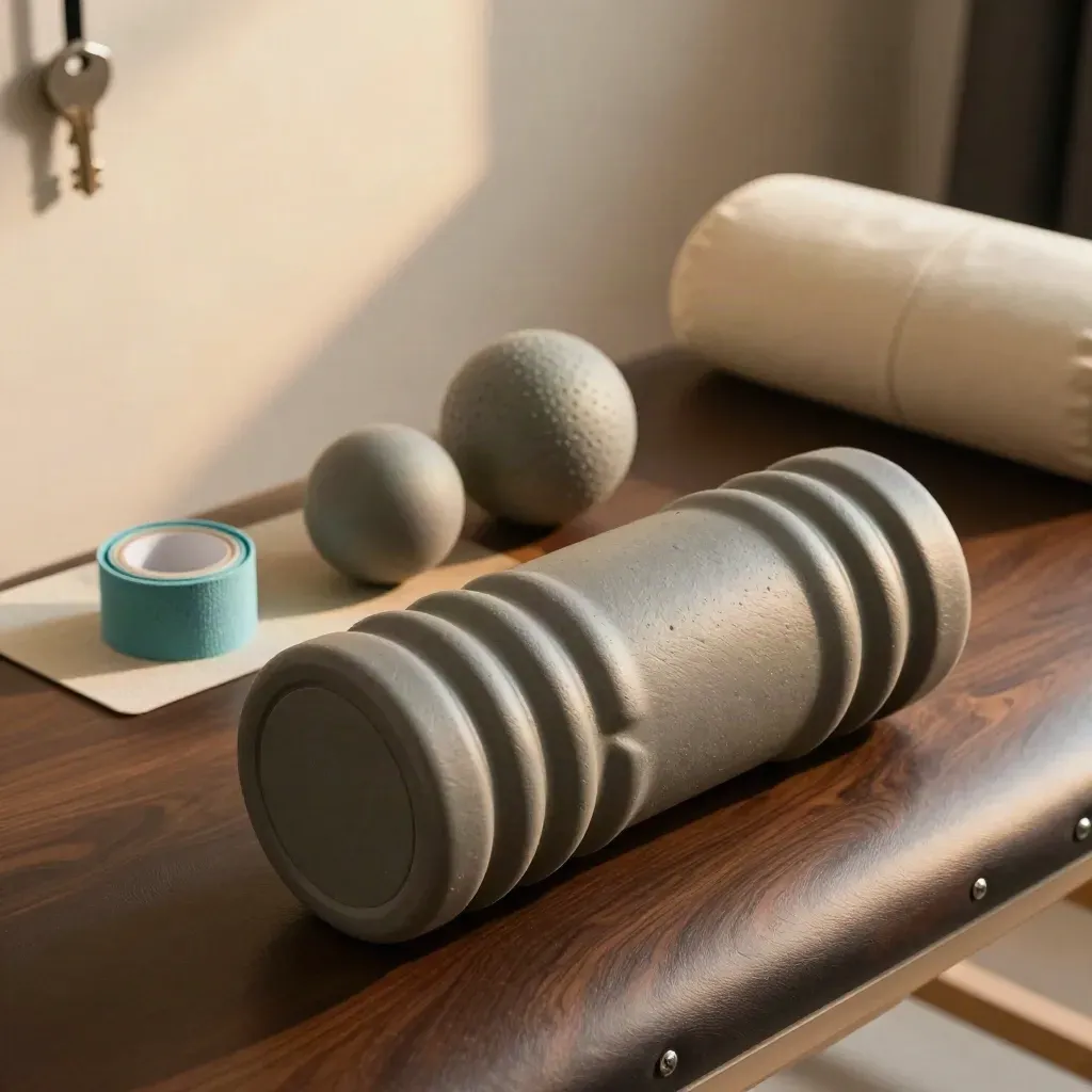 Attrezzi da fisioterapia su panca, con foam roller, palline miofasciali e fascia elastica.