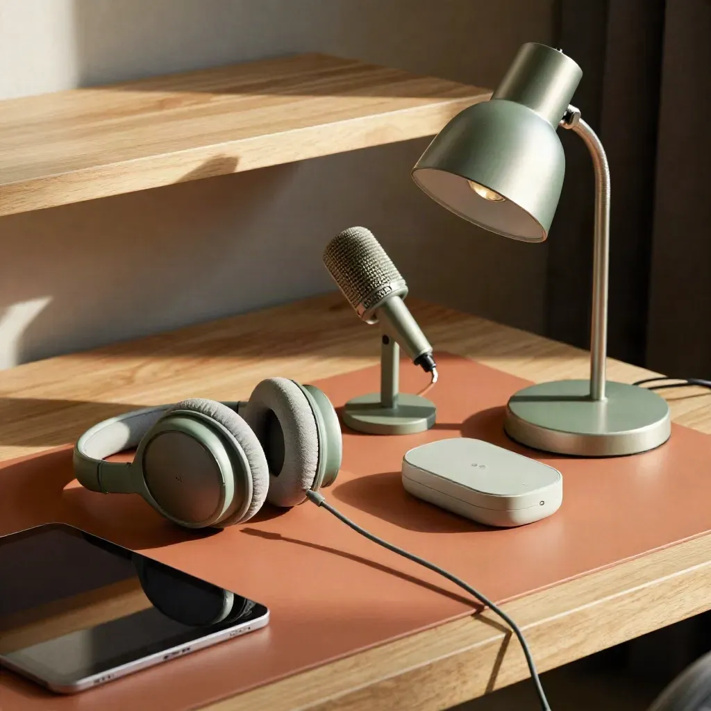 Postazione telemedicina con headset, tablet, base di ricarica, microfono e lampada su terracotta.