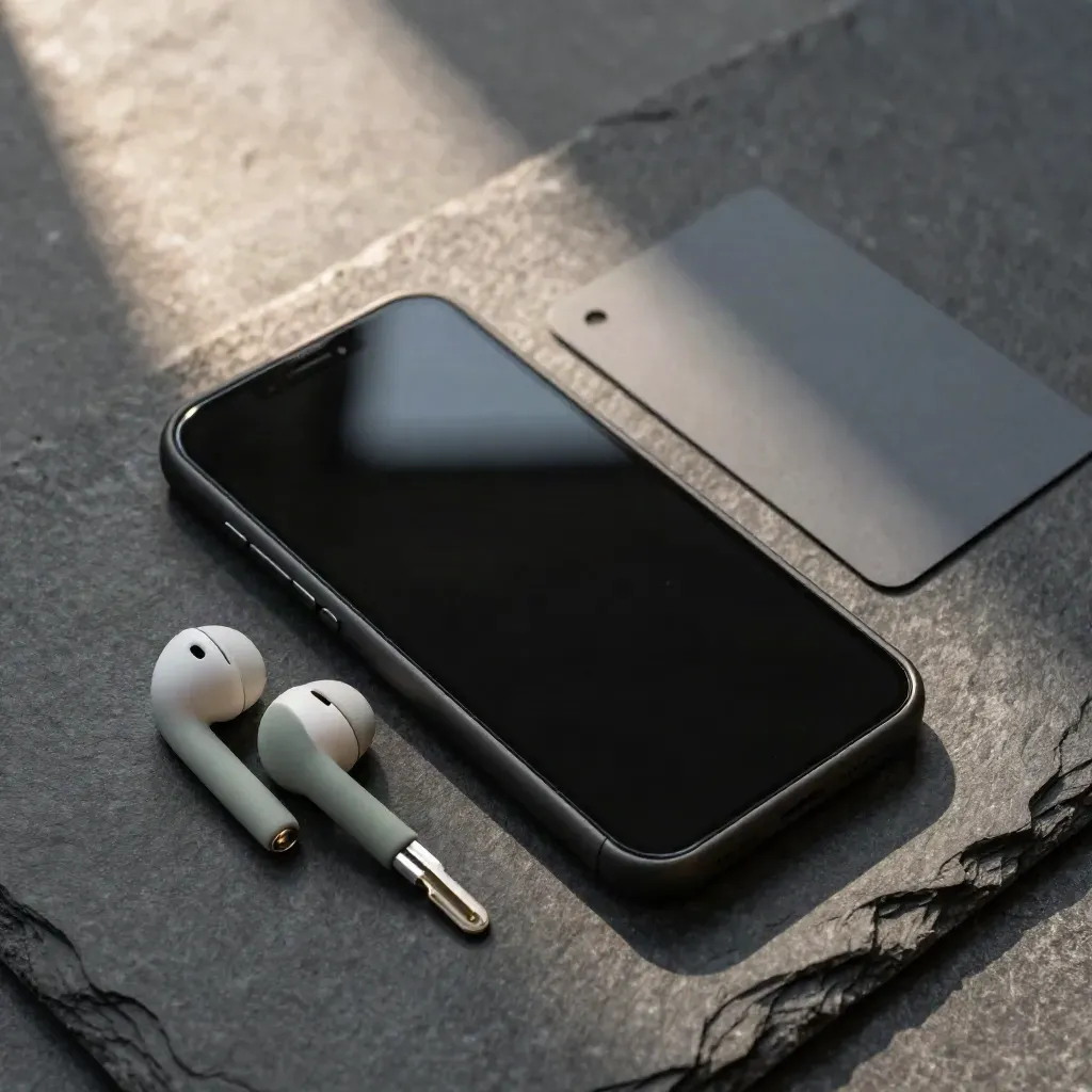 Flatlay dall’alto con smartphone spento, auricolari avvolti e chiave su pietra scura