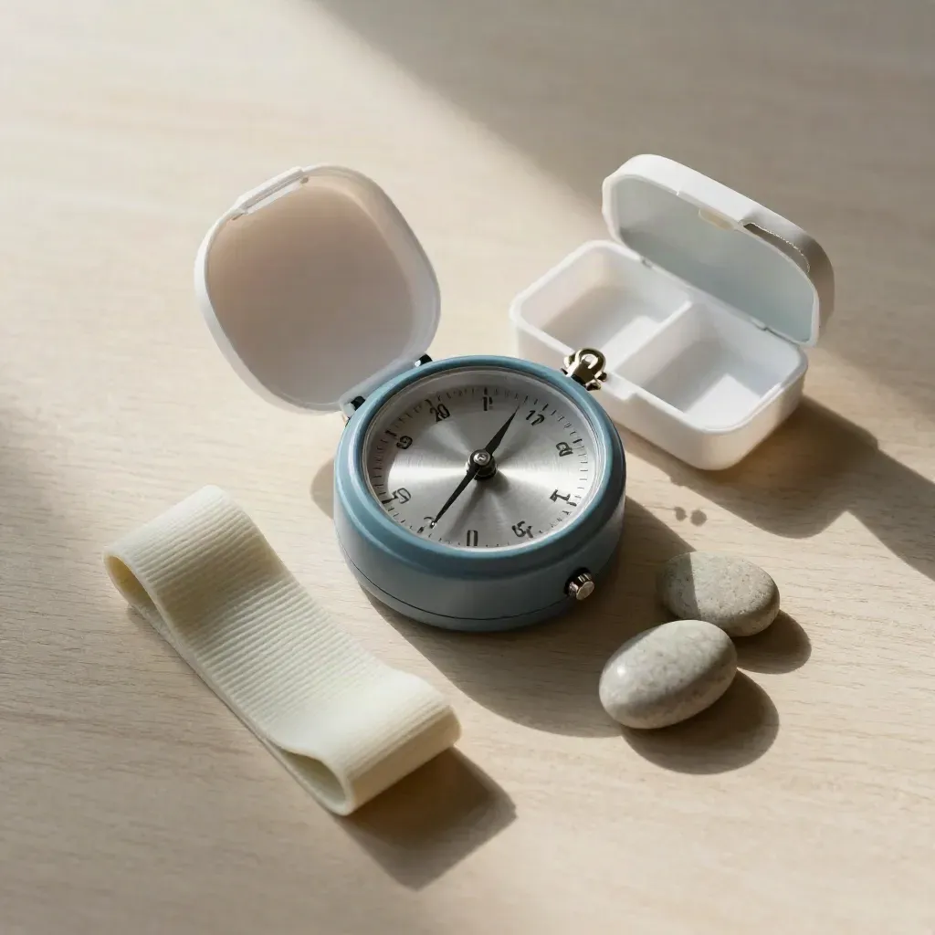 Pillbox aperto, timer meccanico ed elastico su legno chiaro con luce laterale.