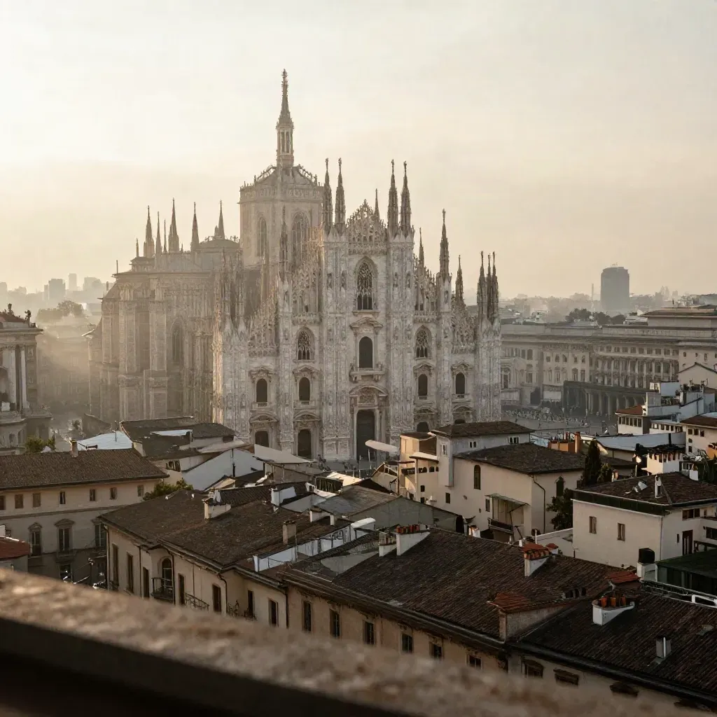 Skyline di Milano al tramonto con il Duomo alto nella foschia e tetti bassi calmi.