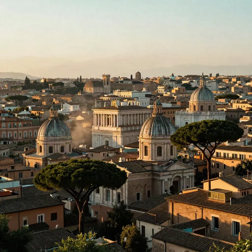 Panorama di Roma al tramonto con cupole, pini e tetti bassi in foschia dorata