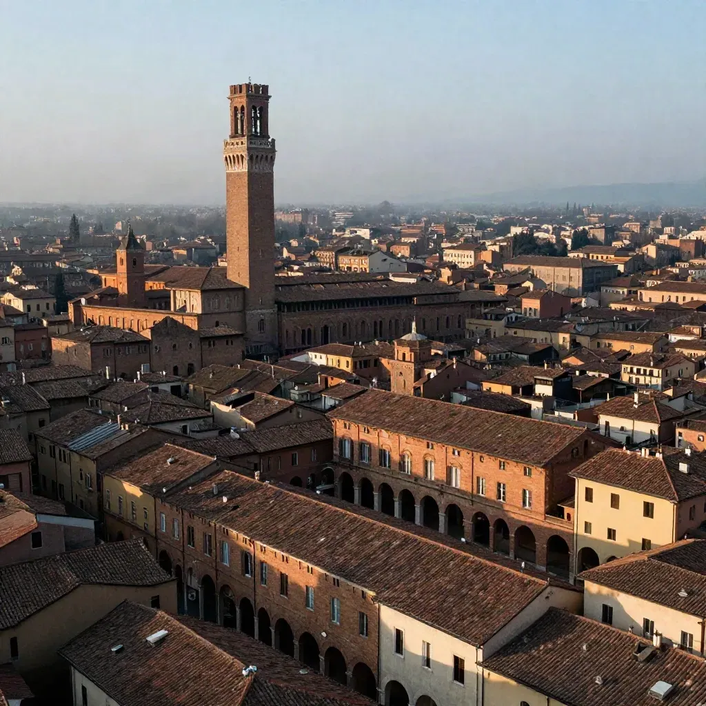 Veduta di Bologna con le Due Torri e i portici immersi nella foschia