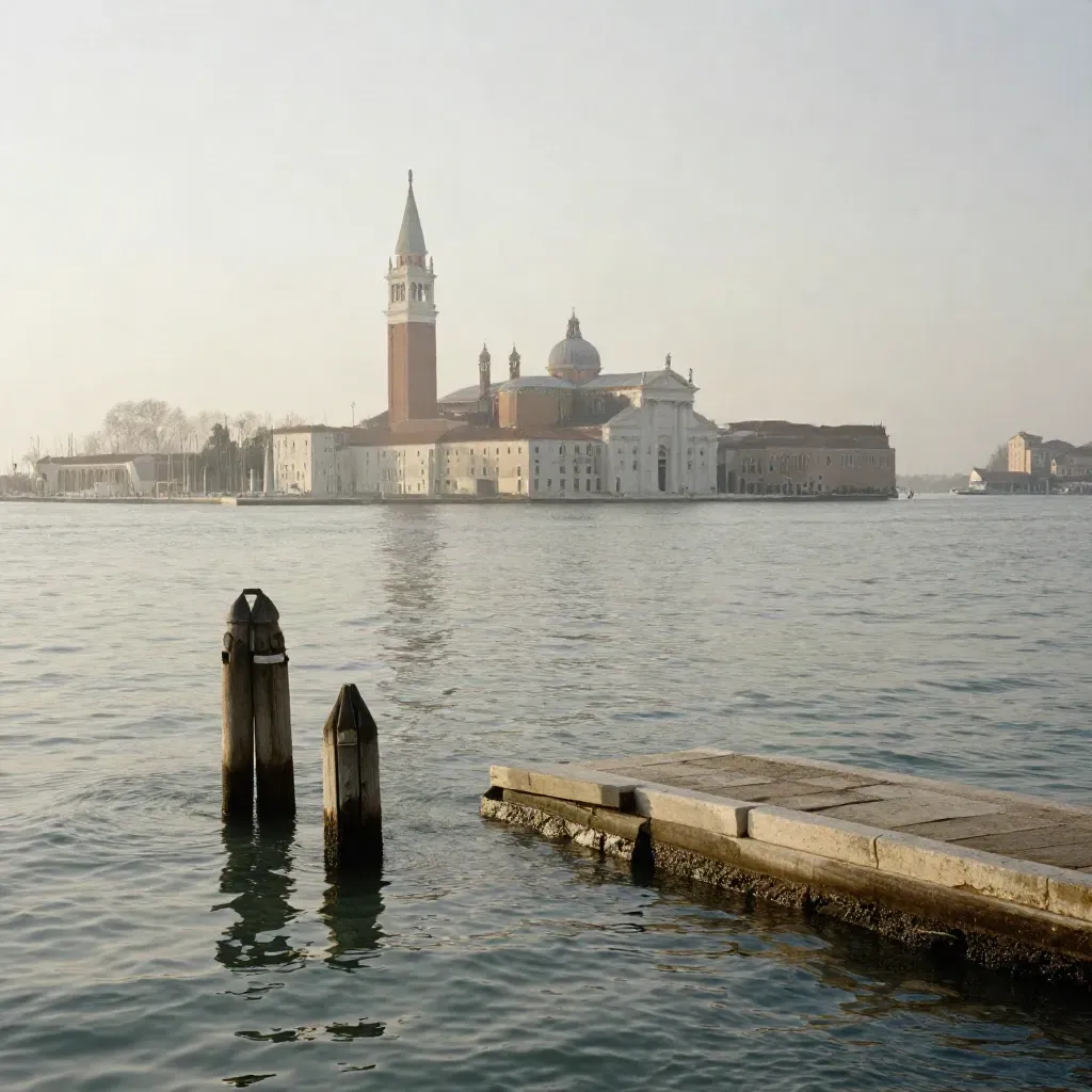 Venezia sulla laguna al tramonto con campanile alto e acqua calma in primo piano